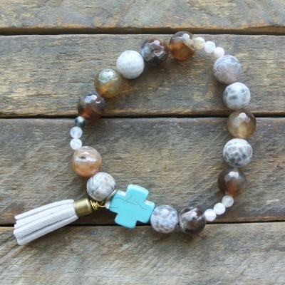 "Mason" Brown Marbled and Turquoise Cross Bracelet