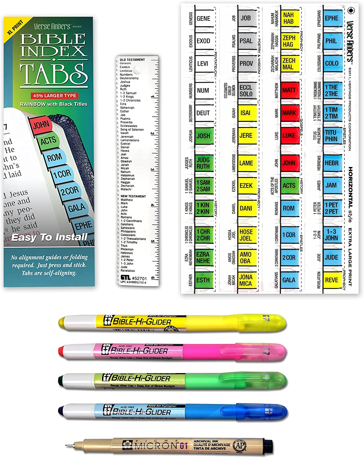 Accu-Gel & Pigma Micron Bible Study Starter Sets with Rainbow Verse Finder Bible Tabs 