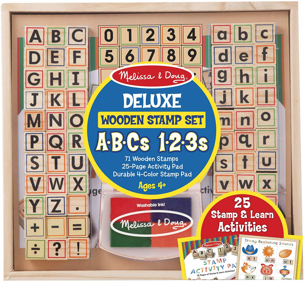 Melissa & Doug Deluxe Letters and Numbers Wooden Stamp Set ABCs 123s With  Activity Book, 4-Color Stamp Pad - Arts & Crafts For Kids Ages 4+