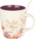 Mug: Be Still (Purple Floral Ceramic With Spoon)
