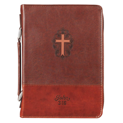 Brown Faux Leather Classic Bible Cover - John 3:16 (Medium)