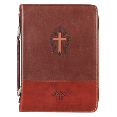 Brown Faux Leather Classic Bible Cover - John 3:16 (Large)