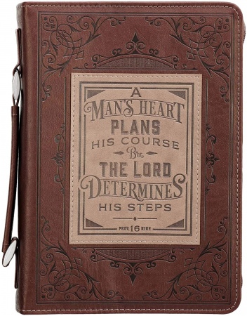 Brown Faux Leather Classic Bible Cover | A Mans Heart - Proverbs 16:9 | Large Book Cover for Men