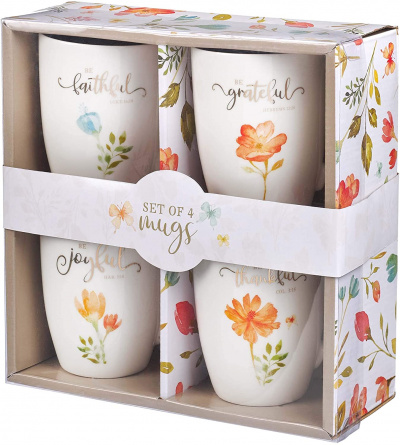 Ceramic Mug Set: Faithful, Grateful, Joyful, Thankful (Set Of 4)