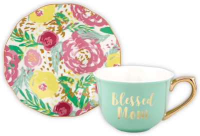 Tea Cup & Saucer Set: Blessed Mom (5 oz)