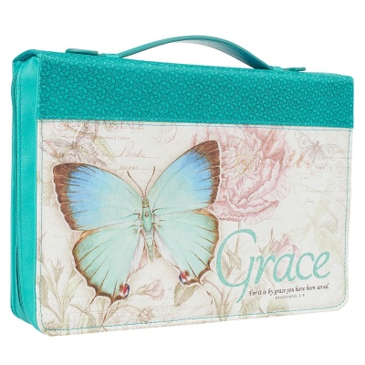 Blue Botanic Butterfly Blessings "Grace" Bible / Book Cover - Ephesians 2:8 (Medium)