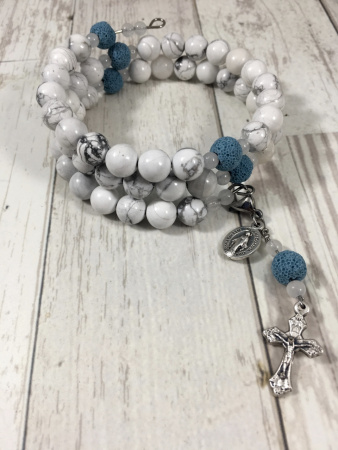 Our Lady of Peace Rosary Bracelet (Howlite with Lava Beads)