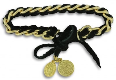 Black Suede Cord and Gold Chain Herringbone Style St. Benedict Miraculous Medal Bracelet