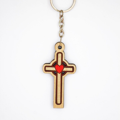 Wooden Cross with Heart Key Chain