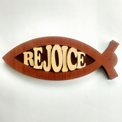 Rejoice Fish Shaped Wood Plaque