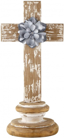 Wood and Metal Standing Cross with Flower
