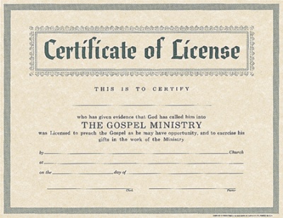 Certificate of License: Ministry