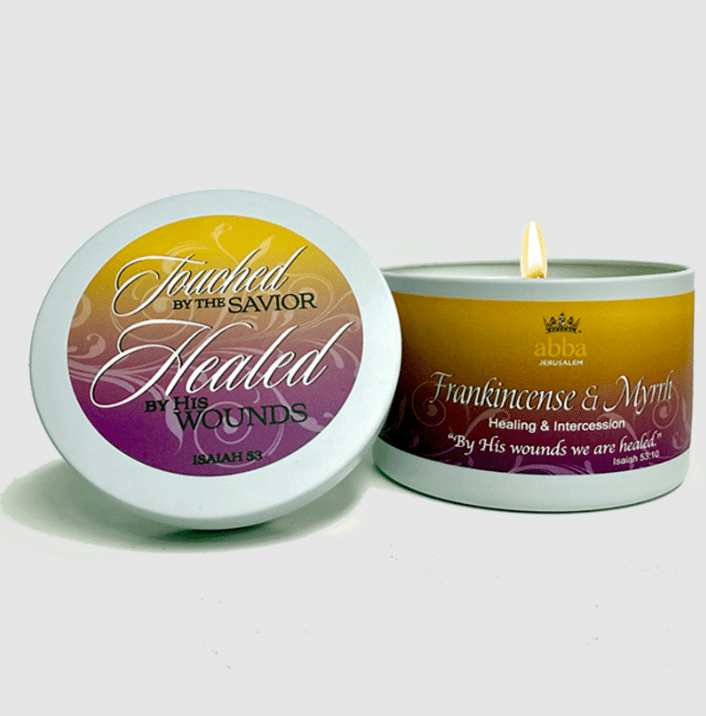 Candle: Frankincense & Myrrh with Scripture (White Tin, 8oz)