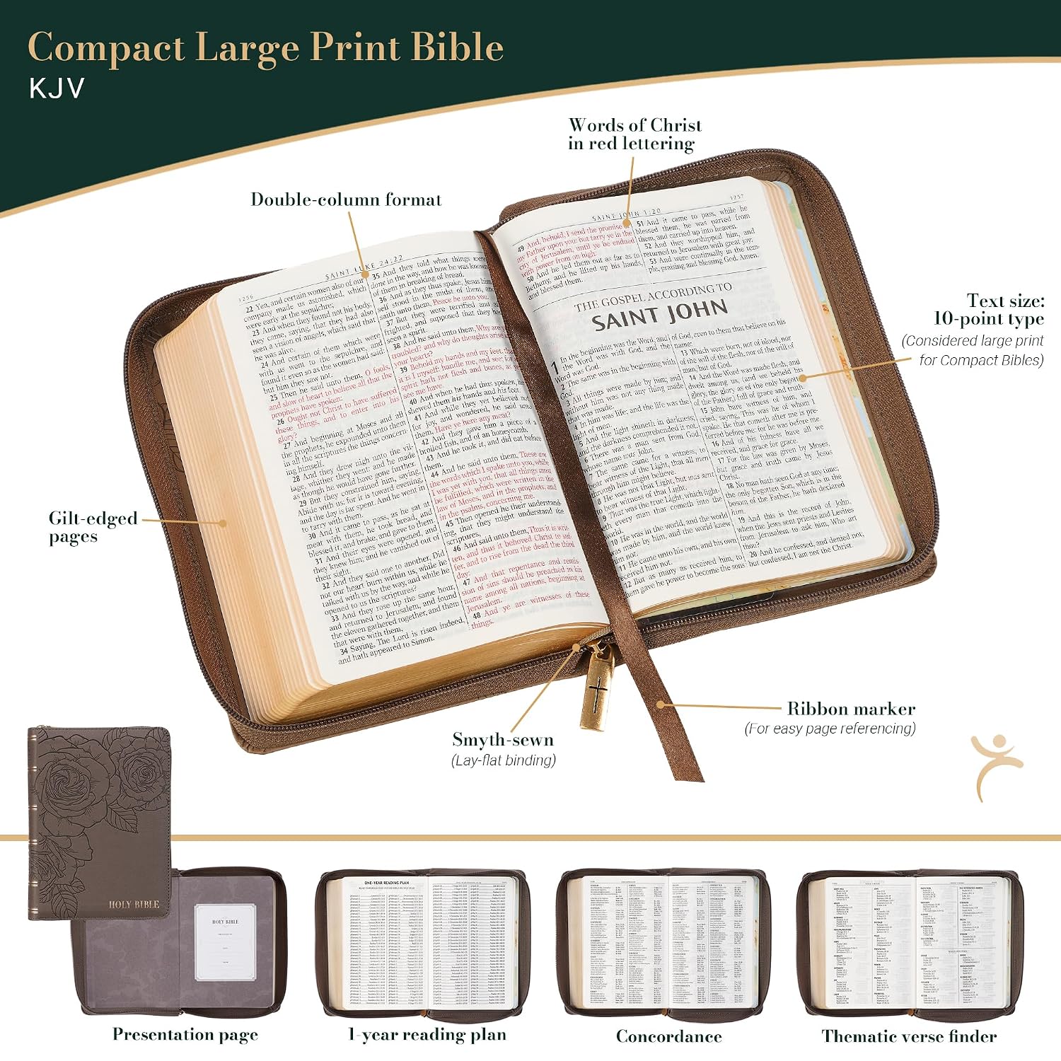KJV Large Print Compact Bible (Floral Dusty Taupe w/ Zipper) - Image 2